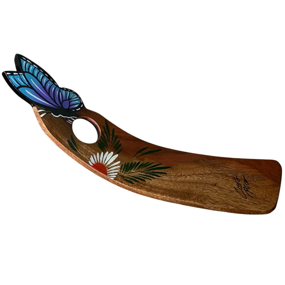 Balancing Wine Bottle Holder Curved Wood with Hand Painted Butterfly Costa Rica